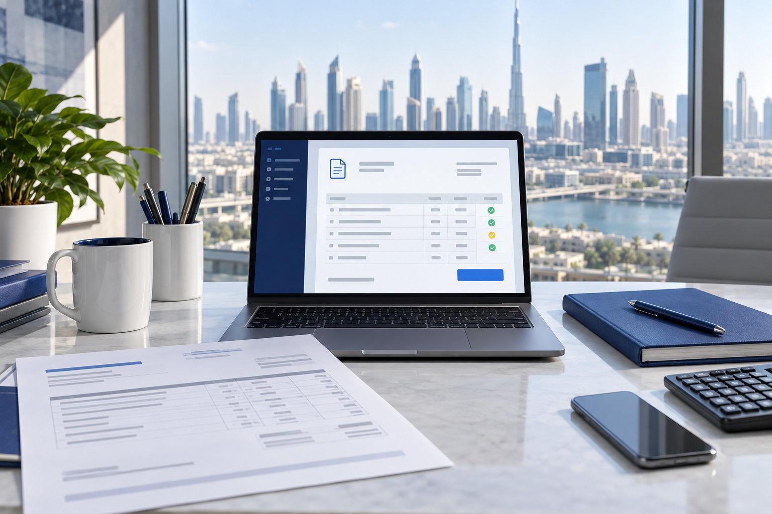 Conceptual illustration of an accounting desk with digital and paper invoices.